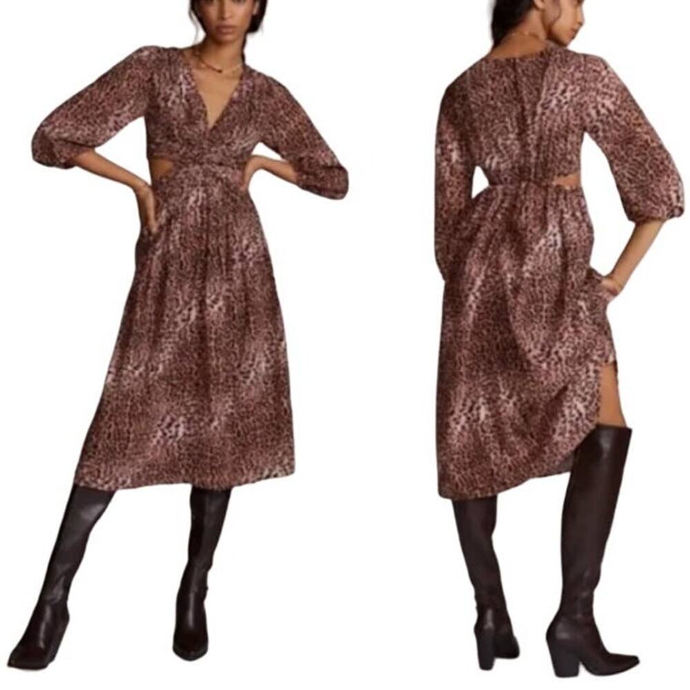 Anthropologie Ranna Gill Midi Dress Cut out Leopard Animal Print Pink NEW S P